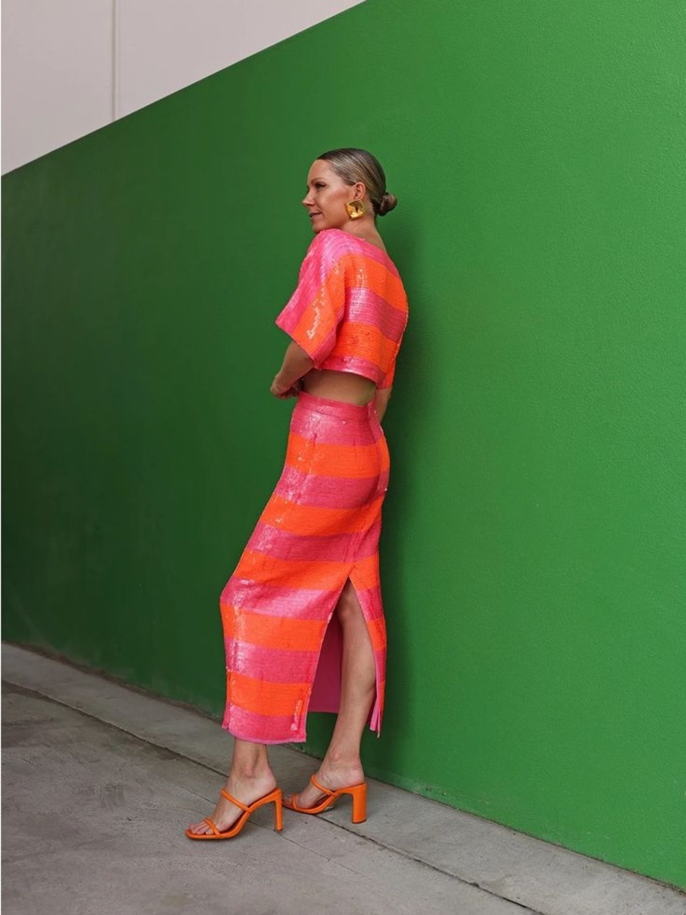 Mac Duggal Striped Sequin Midi Skirt and Top Set